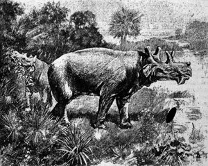 Prehistorya: Dört boynuzlu bir Uintatherium dinozorunun temsili. by Unknown artist