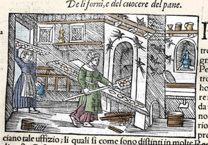 Fırında ekmek hazırlama ve pişirme. Olaus Magnus (1490-1557), İsveçli din adamı ve coğrafyacı tarafından gravür, “Historia de Gentis Septentrionalibus”, Venedik by Unknown artist