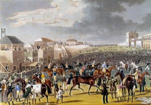 Epsom yarışı için hazırlıklar (Epsom Oaks: İngiliz at yarışı). 19. yüzyıl Özel Koleksiyonunun gravürü by Unknown artist