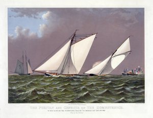 16/09/1885 tarihinde Amerika Kupası yarışlarından biri sırasında Puritan yelkenli tekneler ve Genesta. by Unknown artist