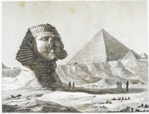 Giza Piramitleri: Güneydoğudan alınan Sfenks ve Büyük Piramit