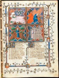 Guillaume de Lorris (1200-1238 civarında) ve Jean de Meun (Meung) (1240-1305) tarafından 1353 civarında İsviçre tarafından yazılan "Le Roman de la Rose" el yazmasından ""Farklı faaliyetlerle meşgul dört adam"" ışıklı sayfa, Cenevre Kütüphanesi by Unknown artist