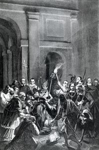 Bir şeytan çıkarma sahnesinin temsili. 19. yüzyıl illüstrasyonu. by Unknown artist