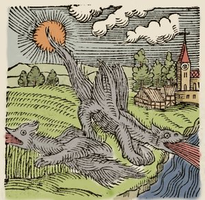 Uçan buğday tarlalarında baziliklerin temsili. Conrad Lycosthenes (1518-1561) tarafından “Prodigiorum ac ostentorum Chronicon”dan gravür. 1557. by Unknown artist