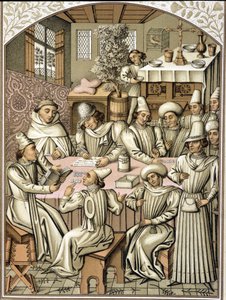 14. yüzyılda memurların temsili. “Dio e Nostra Signora” kardeşliğinin hesap kitabından kromolitograf by Unknown artist
