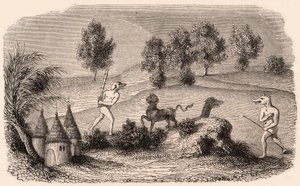 Ortaçağ kabilelerinin ve hayvan türlerinin temsili: iki Cynocephalus savaşan canavar by Unknown