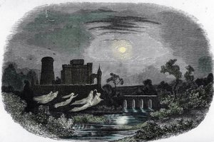 Blandy'nin antik lordlarının kalenin duvarları etrafında uçan hayaletlerinin temsili, Blandy-les-Tours, Seine ve Marne (Blandy les Tours, Seine ve Marne kalesine musallat olan hayaletler) “Mysteres des vieux chateaux de”den gravür Fransa"" by Unknown artist