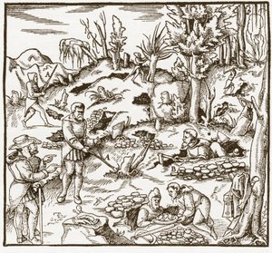 Rabdomancy - rhabdomancie - Kehanet değneği kullanarak bir maden sahasının keşfi - Erkekler mineralleri bulmak için kehanet çubuklarını keser ve kullanır - Georgius Agricola (Georg Bauer), Basel tarafından “” De re metalica” dan by Unknown artist