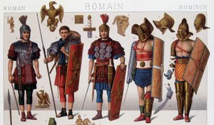 Roma gladyatör kostümleri ve savaşçılar. 19. yüzyıl kromolitografisi. by Unknown artist