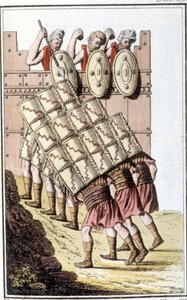 Kalkanlarıyla manevra yapan ve kendilerini savunan Romalı askerler (Roma lejyonu). 19. yüzyılın başından itibaren gravür by Unknown artist