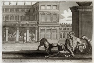 Royaumont İncil, Yeni Ahit: Kötü zenginlerin benzetmesi, arkadaki masada ve zenginlerin köpekleri yaralarını yalayan dilenci Lazarus