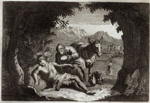 Royaumont İncil, Yeni Ahit: İyi Samiriyeli benzetmesi. Samiriyeli, zor durumdaki adamı kurtarmak için yolda durdu. 1811