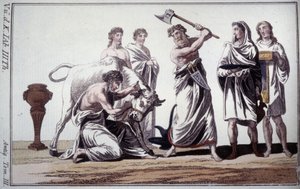 Boğa kurbanı. Roma antik döneminde gelenek. 19. yüzyılın başlarında gravür. by Unknown artist