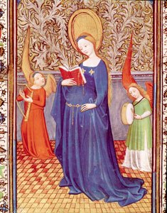 Saint Cecile, iki melek müzisyenle çevrili “Portekizli Edward I (Duarte)’nin Saatleri”nden (1391-1438) alınan Minyatür 15. yüzyıl Lizbon, Torre do Tombo by Unknown artist