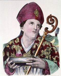 Saint Gennaro veya Saint Janvier, Napoli şehrinin hamisi, kanını içeren ampulü elinde tutuyor. 19. yüzyıldan renkli popüler baskı. by Unknown artist