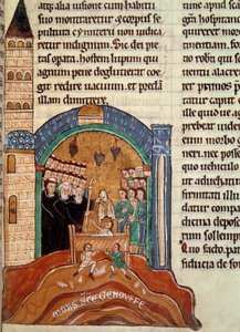 Aziz Hugues de Cluny (1024-1109), Cluny'nin Abbe'si, Paris'te ölü bir adamı kurtarır. Tarihsel ve dini bir koleksiyondan alınan minyatür by Unknown artist