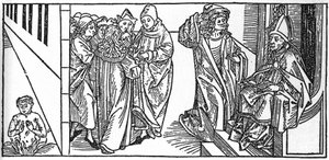 Aziz Severin. Voragine'li Jacobus (James) (1228-1298) tarafından yazılan “Azizlerin Yaşamları - yaz bölümü”nden (Azizin kitabı) gravür. Lübeck 1488. by Unknown artist