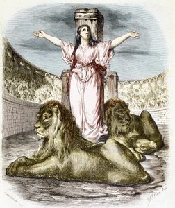 Sainte Blandine arenada, ayaklarının dibinde yatan aslanlar (Lyon