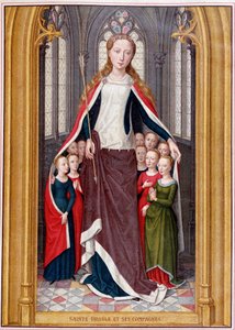 Sainte Ursula, Saint Ursula, Bruges, Memling avından sonra arkadaşlarını paltosunun altında barındırıyor. by Unknown artist