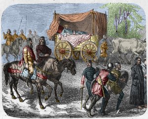 Tembel kralları betimleyen sahne: Fransa Kralı III. Thierry (673-691) öküzlerin çektiği yatağı olan bir tankta taşır. by Unknown artist