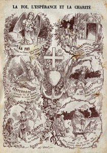 İnanç, Umut, Hayırseverlik ve karşıtları, İnanç, Çaresizlik ve Egoizmi gösteren sahneler. 27 Mart tarihli “Le Pelerin”deki illüstrasyon by Unknown artist