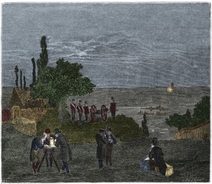 Bilimsel deney: Humboldt, Louis-Joseph Gay-Lussac (Louis Joseph Gay Lussac), Bouvard, Prony ve Mathieu tarafından ışık algısı ile bir silah atışının algılanması arasında geçen süreyi belirleyen ses hızının hesaplanması, gecede by Unknown artist