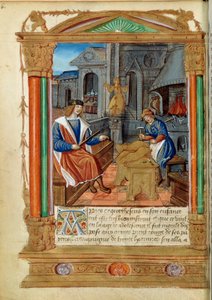 Heykel: Bir usta, bir kartalı yontarak çırağının işini kontrol eder. “” Roman de Theseus de Cologne et de Godifer”den minyatür 16. yüzyıl Paris, B.N. by Unknown artist