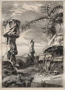 Kaptan James Cook (1728-1779) tarafından ikinci yolculuk (1772-1775): Paskalya Adası anıtları (anıtsal heykeller, moai) - "" 18. Yüzyılın Büyük Denizcileri"nden alınan resim by Unknown artist