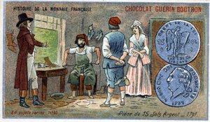 Chocolat Guérin Boutron tarafından yayınlanan Fransız Para Biriminin Seri Tarihi. 19. yüzyıl kromolitografisi. 1791