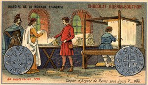 Chocolat Guérin Boutron tarafından yayınlanan Fransız Para Biriminin Seri Tarihi. 19. yüzyıl kromolitografisi. 986