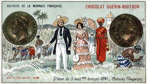 Chocolat Guérin Boutron tarafından yayınlanan Fransız Para Biriminin Seri Tarihi. 19. yüzyıl kromolitografisi. 1841