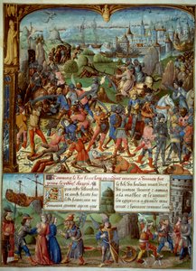Yedinci Haçlı Seferi (1248-1254). En üstte, Fransa Kralı Louis IX (Saint Louis) (1215-1270), 1250'de Mansoura'da Sarazenler tarafından mağlup edildikten sonra geçişlerle. Şam kulelerinin arkasına çekildiler. Louis IX ve iki erkek kardeşi tutuklandı by Unknown artist