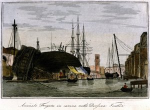 Gemi gövdede vuruldu. Gövdesi cephanelikte tamir edilen Venedik fregatı. 19. yüzyılın gravürü. by Unknown artist