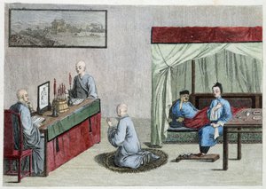 Yatakta hasta adam ve keşişlerin duası - Çin by Unknown artist