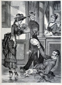 Bir bira fabrikasında paten sahnesi. Bir çocuk düşerek üzerindeki tabakları kırar (1883). by Unknown artist