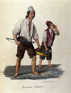 Sokağın küçük bir kısmı: yürüyen balık satıcıları. 19. yüzyılın Sicilya gravürü by Unknown artist