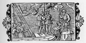 Bir ipin üç düğümünde kilitli rüzgarları denizcilere satan büyücü - Olaus Magnus, Roma 1555 tarafından “Historia de Gentibus Septentrionalibus” (Kuzey Halklarının Tarihi) by Unknown artist