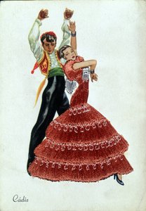 Geleneksel giysiler içinde İspanyol Flamenko dansçıları. by Unknown artist