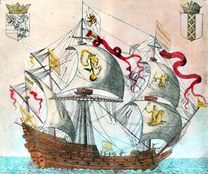16. yüzyılın İspanyol gemisi. 16. yüzyıl gravürü. BN, Paris. by Unknown artist
