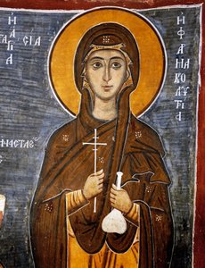Aziz Anastasia, bir şişe ilaç ve haç ile atların şifacısı, Our Lady of Asinou (12. yüzyıl) Bizans kilisesi (Unesco Dünya Mirası Listesi, 2001), Trodos dağları, Kıbrıs, Detay by Unknown artist