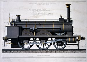Mulhouse Demiryolunun buharlı lokomotifi - yıkamada çizim by Unknown artist