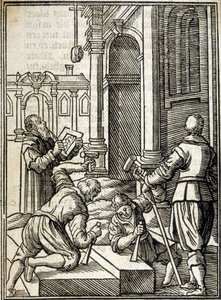 Bir katedral inşaatı üzerinde çalışan taş kesiciler - gravür by Unknown artist