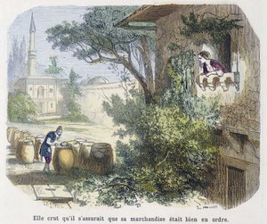 Masal: “” mallarının düzenli olduğundan emin olduğuna inanıyordu”” - “” Binbir Gece Masalları”, ed. Md Bondet tarafından anlatılan Emile Guérin, Paris, n.d. by Unknown artist