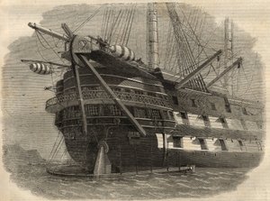 Telgraf: H.M.S. gemisinin kıç tarafının görünümü İlk transatlantik kabloyu döşeyecek olan “Agamemnon”. 5 Haziran tarihli “” The Illustrated London News” “de Gravür by Unknown artist
