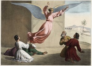 Başmelek Raphael, Tobie Ailesinden ayrılıyor. 19. yüzyılın ortalarından anonim gravür. by Unknown artist