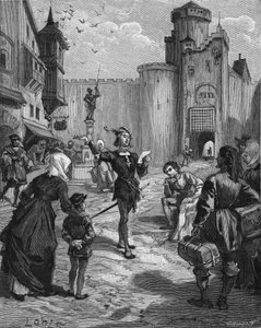 Alman şövalye, şair ve hümanist Ulrich von Hutten (1488-1523) bir şiirini sokakta haykırıyor. 19. yüzyılın gravürü. Jules Michelet
