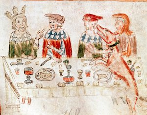 Frank Kralı III. Pepin Özet (714-768) ve oğlu Charlemagne, 12. yüzyıldan kalma bir el yazmasından bir Minyatür ziyafetinde. Venedik. Biblioteca nazionale marciana. by Unknown artist