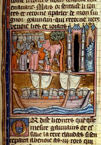Şövalyeler Haçlı Seferi için ayrıldı. Robert De Borron (ou Boron) (1147-1170) tarafından “La quete du Holy Grail et la mort du roi Arthur”dan alınan minyatür 1280 civarında Paris, B.N. by Unknown artist
