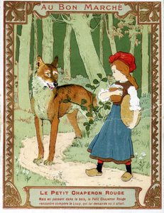 Kırmızı Başlıklı Kız kurtla buluşuyor - Bon Marché reklam etiketi by Unknown artist