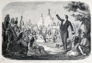 Mormon Peygamber Joseph Smith, Kızılderililere (Kuzey Amerika) vaaz veriyor. 19. yüzyıl illüstrasyonu. by Unknown artist